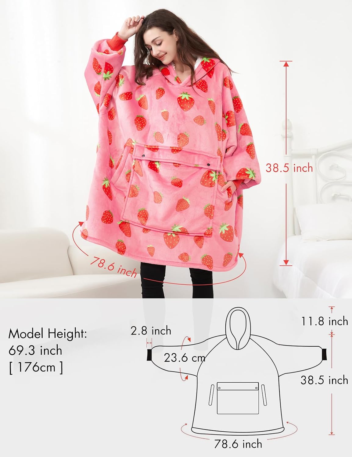 KFUBUO Wearable Blanket Hoodie for Adults With Pocket Strawberry Hoodie
