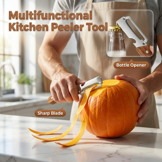 Multi-Functional Stainless Steel Thickened Fruit Peeler Knife, 2026 New 3 in 1 Stainless Steel Blade Peeler for Kitchen with Wooden Handle and Bottle Opener for Vegetable & Fruit (MIX, 2PCS)