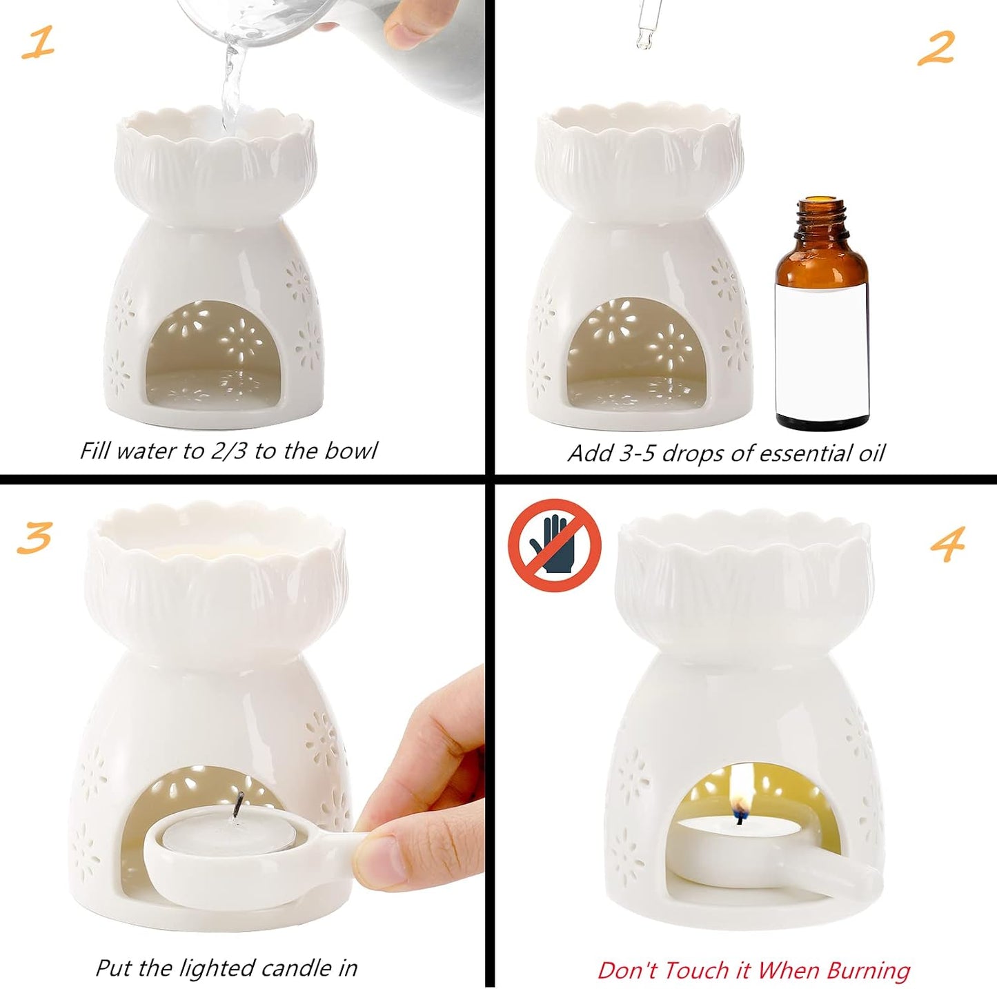 Lyellfe 3 Pack Ceramic Tealight Candle Holder with Spoon | White Carved Essential Oil Burner, Wax Warmer Aroma Diffuser for Birthday Valentines Mothers Day Gift Home Decor