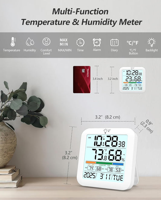 Mini Digital Indoor Thermometer Hygrometer Clock, Room Temperature Humidity Monitor with Calibration, Backlight, Air Comfort Indicator, 24H Max Min Record, Time, Alarm for Home (Size:3.2"x 3.2")