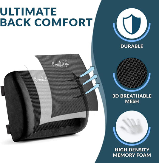 ComfiLife Lumbar Support Back Pillow Office Chair and Car Seat Cushion - Memory Foam with Adjustable Strap and Breathable 3D Mesh (Black)