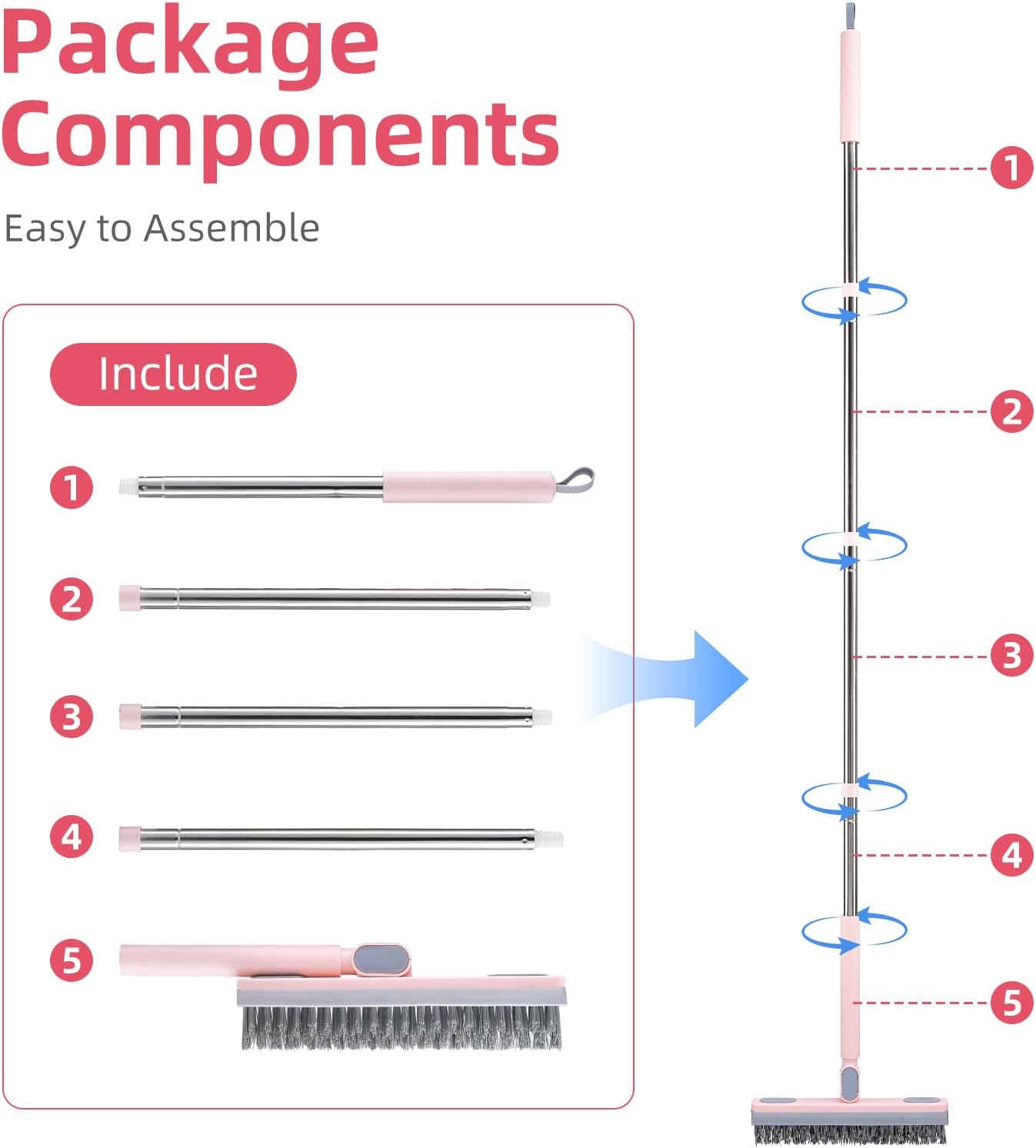 Floor Scrub Brush with Long Handle,Squeegee, Grout Brush | V-Shaped Stiff Bristles, For Tile Line, Bathroom, Crevice, Deck, Swimming Pool, Kitchen, Garage, Yard