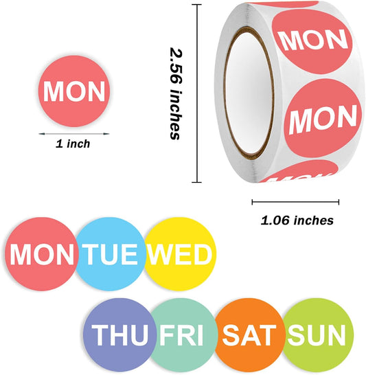 3500PCS Day of the Week Labels, 1 Inch Round Dot Stickers, Food Rotation | Self Adhesive Removable Date Stickers with Monday-Sunday Color Coding for Food Containers & Kitchen Use