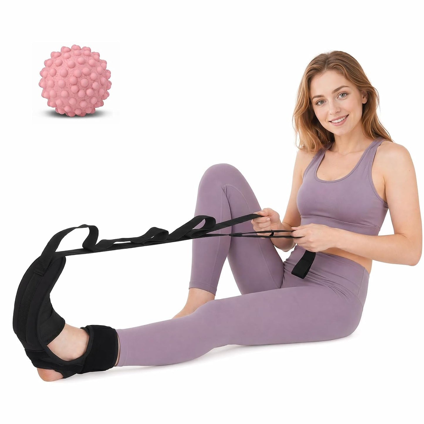 Plantar Fasciitis Night Splint Stretcher, Foot and Calf Streching Strap for Heel Spurs, Foot Drop, Achilles Tendonitis & Hamstring, Yoga Foot & Leg Stretch Strap with Pink Massage Ball