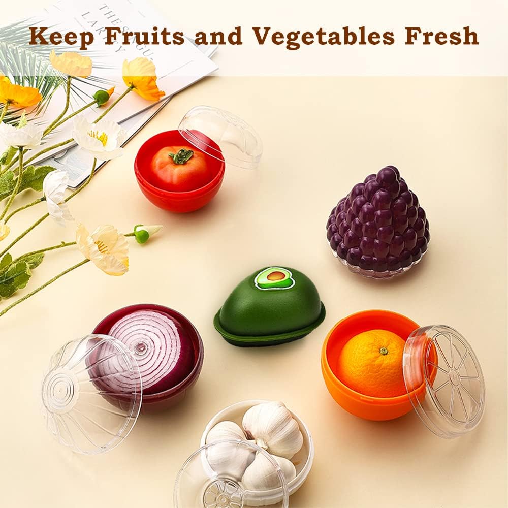 6 PCS Fruit and Vegetable Storage Containers, Reusable Storage Keeper, Lemon Orange Avocado Onion Garlic Tomato Shaped Saver Holder for Fridge, Refrigerator Crisper for Fruit and Vegetable