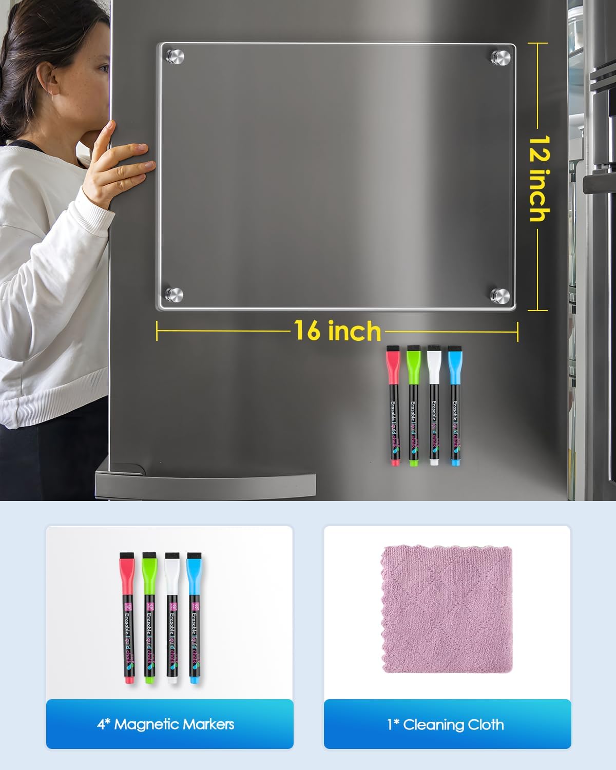 MaxGear Acrylic Magnetic Whiteboard for Fridge, 12 x 8 Inch Dry Erase Board | Durable Acrylic Material, Powerful Magnets, Smooth Writing and Easy Cleaning for Grocery Lists, Meal Plans, and Reminders