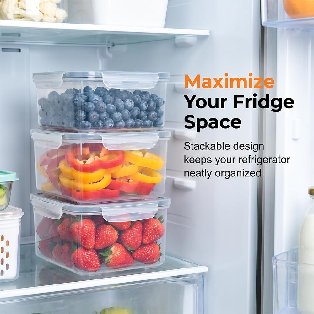 Fruit Storage Containers for Fridge with Removable Colanders and Lids | 4-in-1 Multifunctional transparent plastic produce containers, leakproof fridge organizers for Fruit, vegetables & meal prep