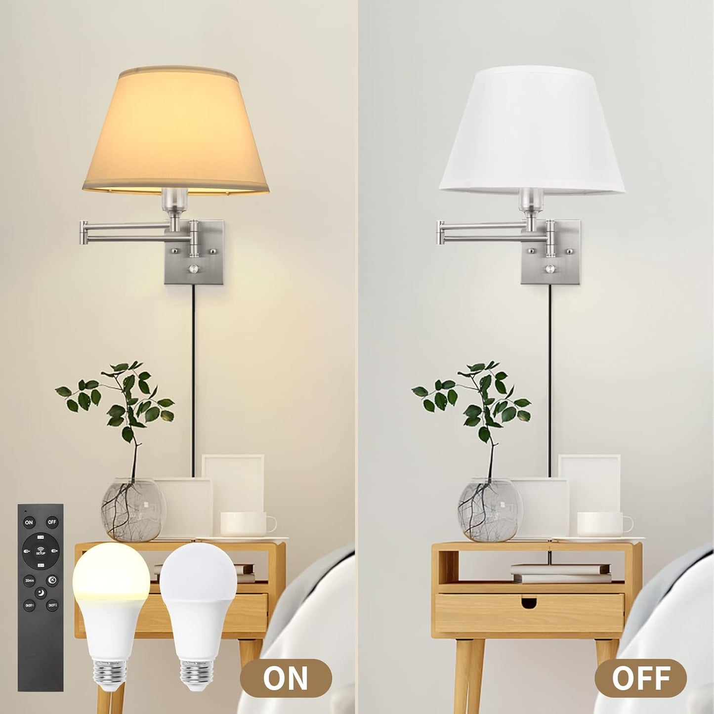 TRLIFE Wall Sconce Plug in, Dimmable Wall Sconces Set of Two Swing Arm Wall Lights with Plug in Cord and On/Off Dimmer Rotary Switch, 9.4" Medium Beige Fabric Shade(2 Pack, 2 Bulbs)