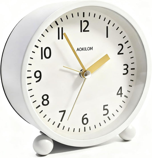 Analog Alarm Clock, Non-Ticking Silent Travel Small Clock, Battery Operated with On-Demand Light, Easy Set Gentle Wake, Ideal Decor for Bedroom, Bedside, Desk,Office(White)