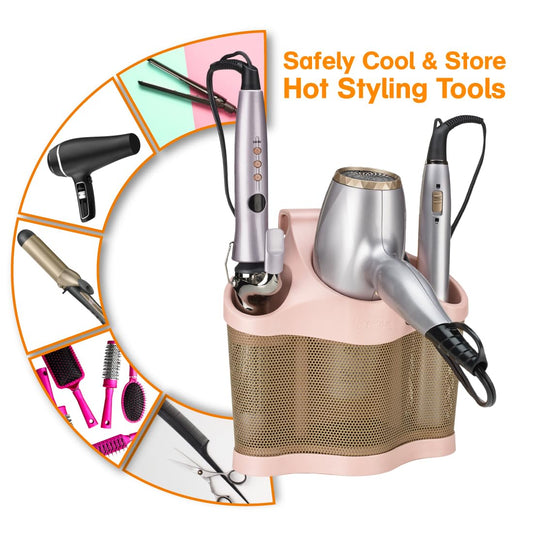 Polder Style Station, Tool Organizer for Hair Dryer, Curling Iron, and Straightener, Easy-to-Store Hair Styling Station, White and Silver