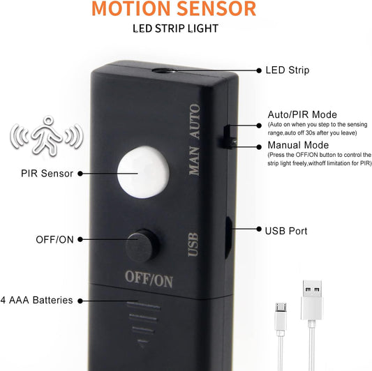 VST Motion Sensor LED Strip Light, Battery or USB Powered, Self-Adhesive