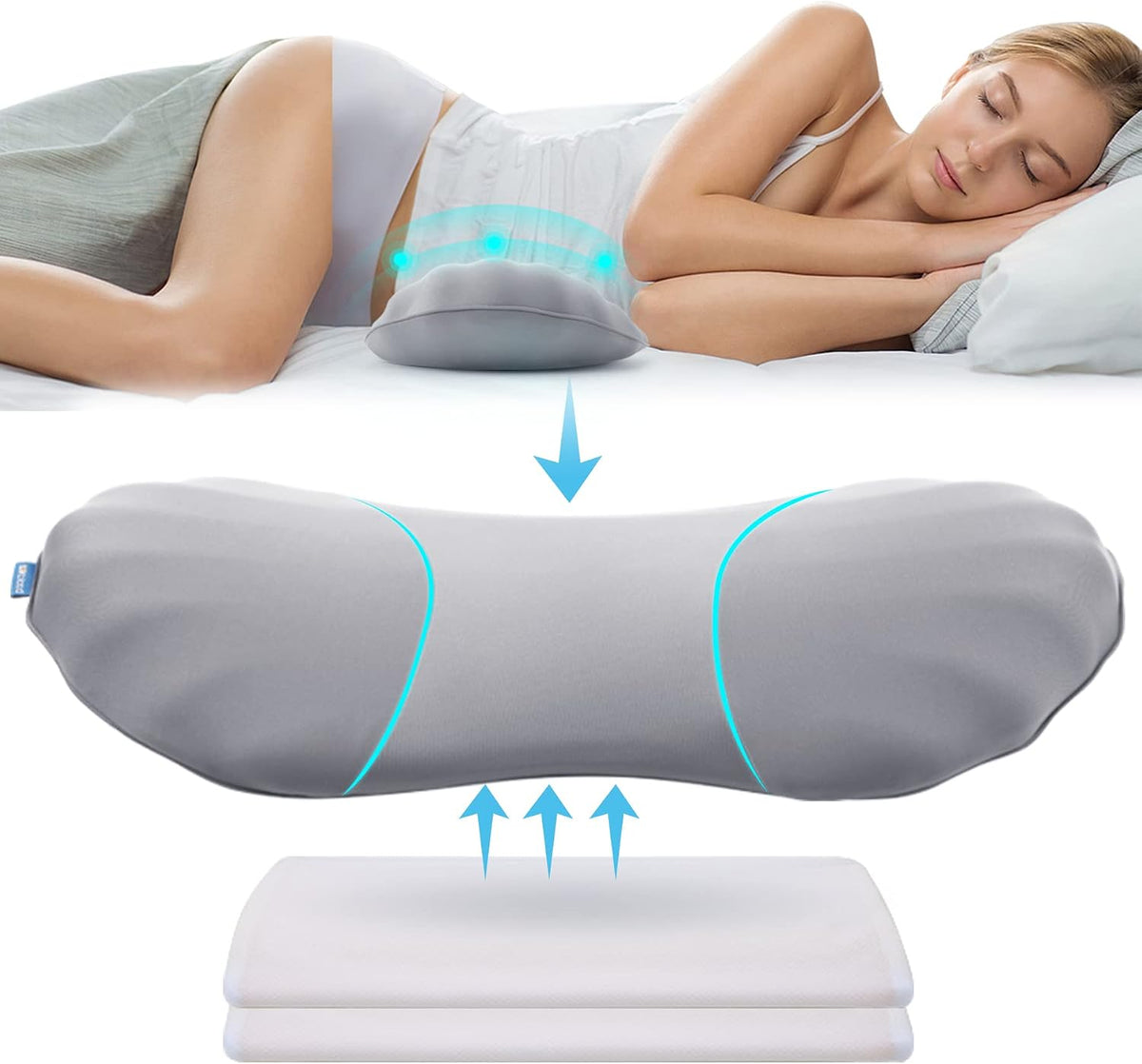 RESTCLOUD Adjustable Lumbar Support Pillow for Sleeping Memory Foam Back Support Pillow for Lower Back Pain Relief and Sleeping, Lumbar Support Pillow for Bed and Chair
