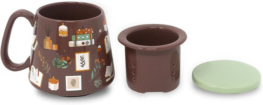 Steel Mill & Co. Tea Infuser Mug with Lid, Book Nook Brown | Ceramic 12 oz Book-Themed Tea Cup with Removable Strainer for Loose Leaf or Tea Bags