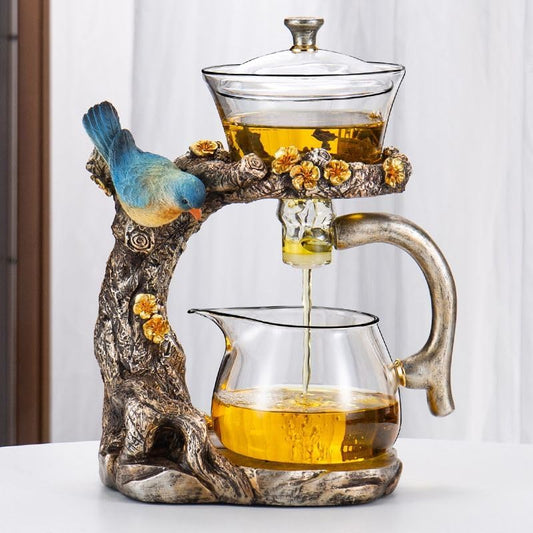Glass Teapot Set Animal Bird Design Semi-automatic Drip Rotating Bowl with Infuser Lazy Kungfu Tea Pot Set (teapot)