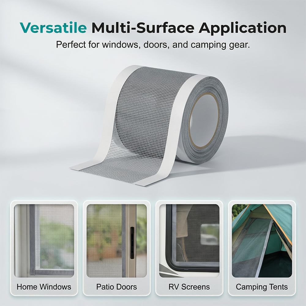 2Pcs Strong Adhesive Fiberglass Screen Repair Tape, Self-Adhesive Mesh Patch for Window Door Mosquito Net, Tent RV Patio Pool Netting, Weather Resistant Long Lasting DIY Repair(3 in*16 FT