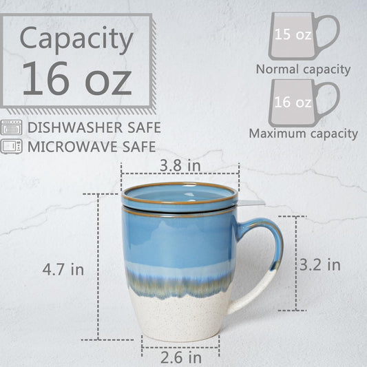 Bosmarlin Ceramic Tea Cup with Infuser and Lid, 16 Oz, 5 Colors to Choose, Dishwasher and Microwave Safe, Reactive Glaze, Steeping Tea Mug with Strainer (Purple)
