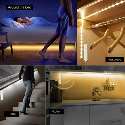 LED Under Cabinet Lighting Motion Sensor 9.84Ft Four Modes Bed Stairs Wardrobe Lamp Tape,Waterproof 5V USB LED Closet Night Strip Light (3M, White)
