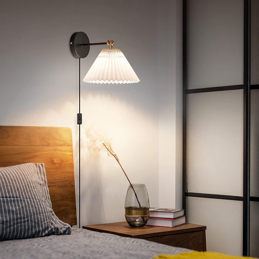 Wall Sconces Plug in, Swing Arm Wall Lamp with Power Cord, White Plug in Wall Lighting Fixtures Set of Two, Bedside Wall Mounted Reading Lamp with Switch, for Bedside Bedroom Hallway