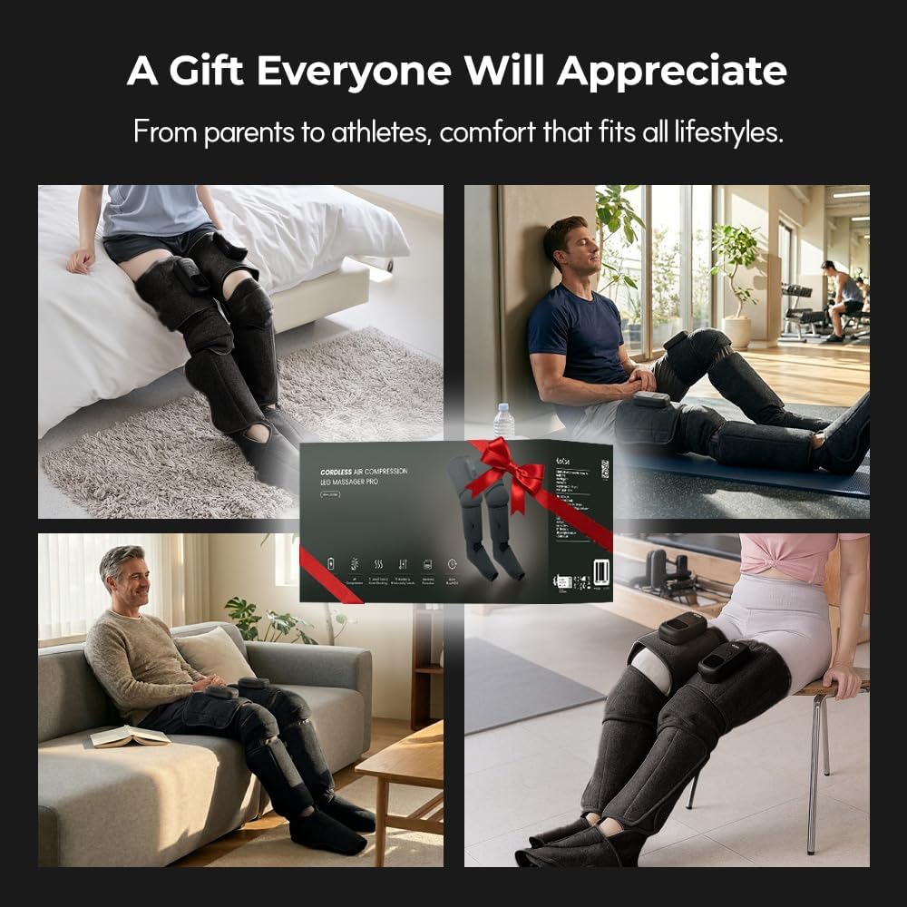HubiCare Cordless Leg Massager with Heat and Air Compression for Circulation and Pain Relief, 5 Modes with 5 Intensities, Reduce Swelling, Muscles Relaxation Device (Black)