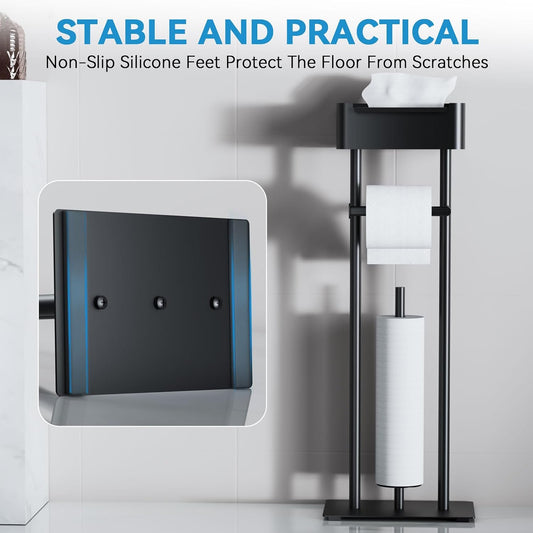Toilet Paper Holder Free Standing - Toilet Paper Stand with Shelf | Storage for 4 Rolls- Bathroom Organizers, No Drill, for Large Toilet Rolls, 29.7 inch*12.6 inch (Matte Black)