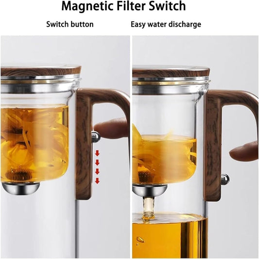 Magnetic Glass Teapot with Infuser, 24oz Borosilicate Tea Pot with Walnut Handle for Loose Leaf Tea, Office Home, Tea Lovers Gift
