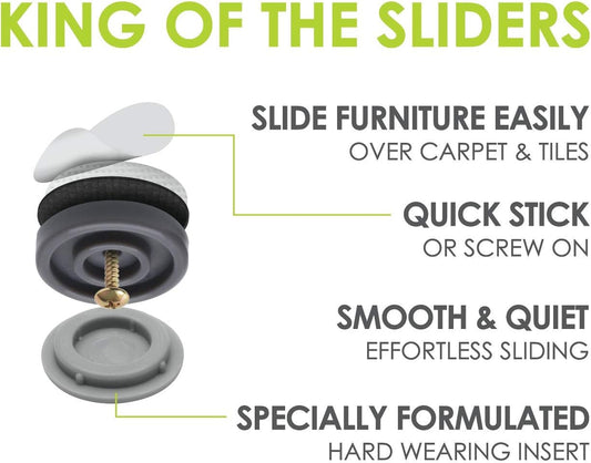 GorillaGlides 1 Inch Chair Sliders/Furniture Floor Protectors (16 Furniture Glides) Self-Adhesive Screw On Chair Glides for Sliding on Low-Pile Carpet & Hard Surface Floors, Round