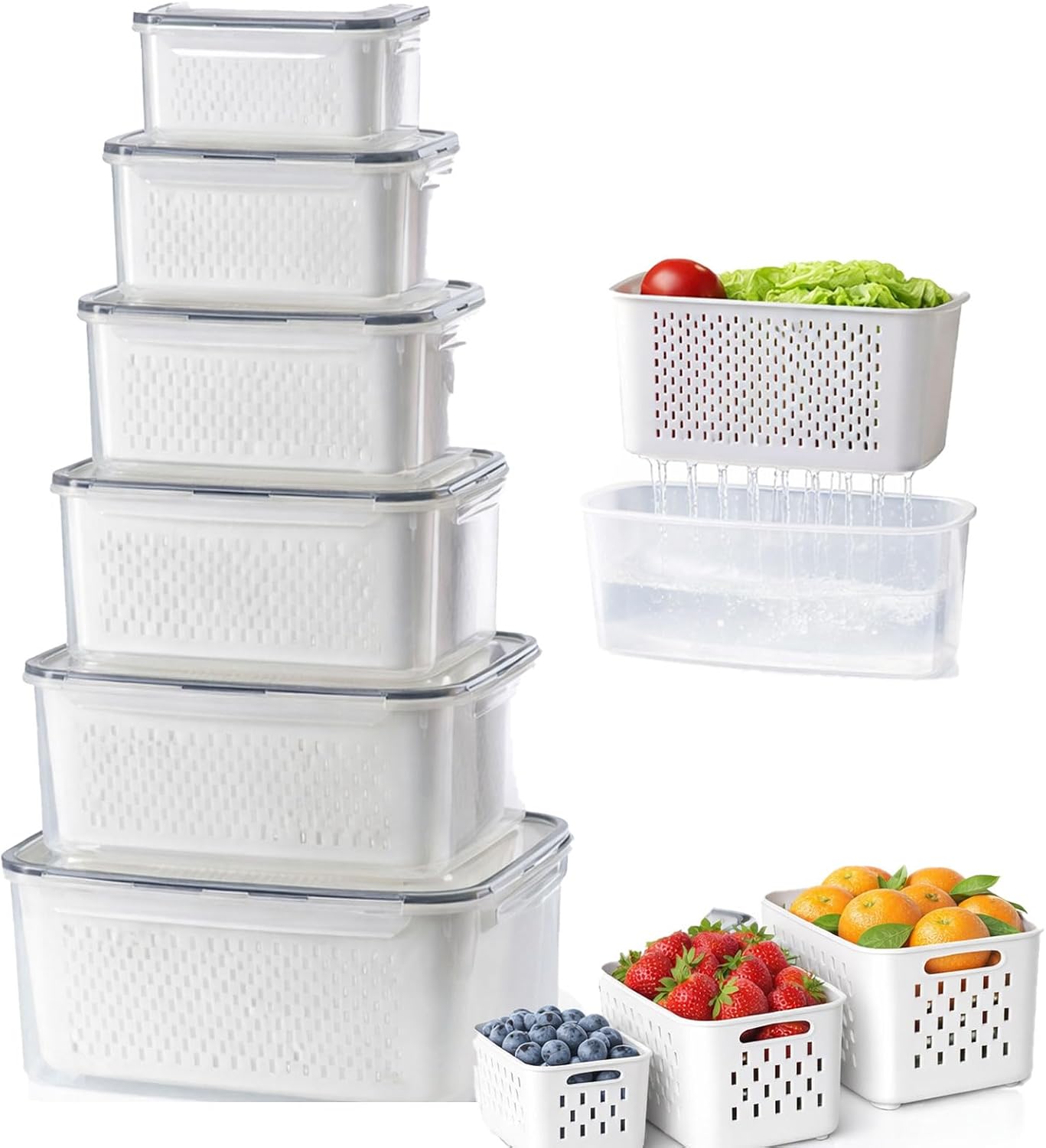 4-in-1 Produce Saver Containers - Fresh Berry Keeper with Removable Colander & Airtight Lid - Stackable Fruit and Vegetable Fridge Organizer Bins - BPA-Free Plastic Food Storage (3pcs)