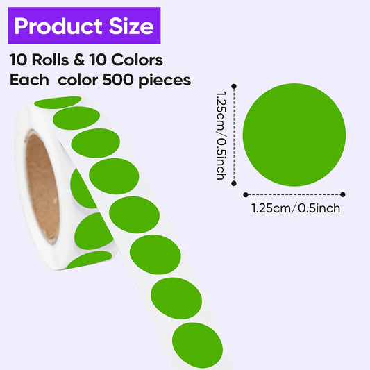 5000 PCS 1/2" Colored Dot Stickers Round Color Coding Labels Polka Circle Dot Label Sticker for Toddler, Office, Student, Classroom, Papers Etc(10 Rolls, 1/2 Inches)