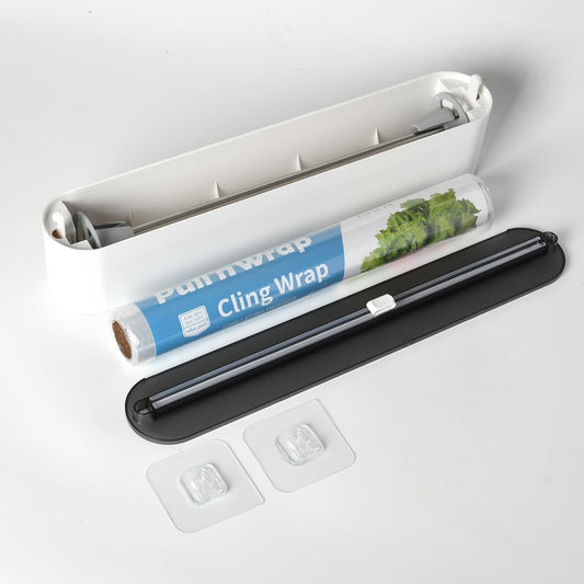 Stainless Steel & Plastic Wrap Dispenser with Cutter, Magnetic No-Drill Wall Mount Aluminum Foil Holder with Slide Cutter, for Cabinets, Space-Saving Kitchen Organizer (Silvery-Stainless Steel)