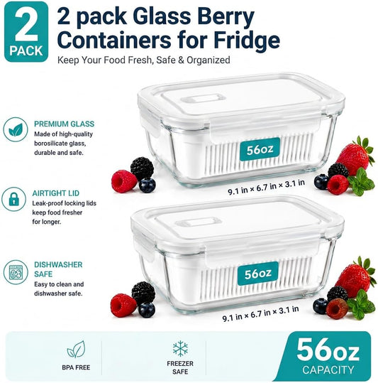 2 Pack 56oz Glass Berry Container for Fridge,with Removable Colander and Vent Valve, Fresh ProduceStorage Set(White)