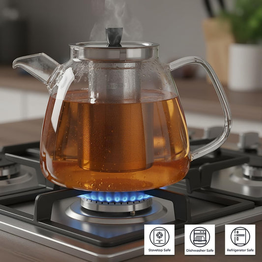 Aquach 42oz Glass Teapot with Infuser, Stovetop Safe Tea Kettle | Dishwasher Safe, Borosilicate Glass, Daily Sharing Capacity, Precise Loose Leaf Filter