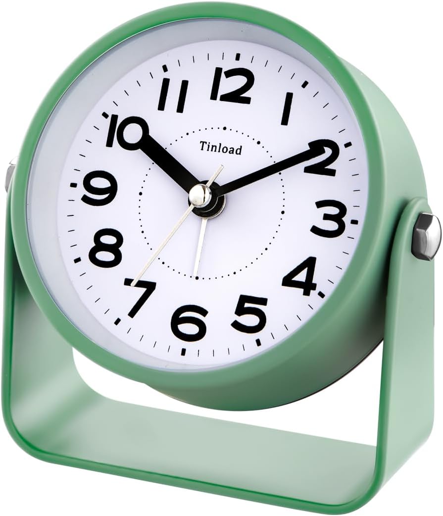 Tinload Analog Alarm Clock for Bedroom, Silent Non-Ticking Quartz Movement, Battery Operated with Snooze & On-Demand Light, Bedside Desk Table Clock, Ideal for Home, Office (Green)