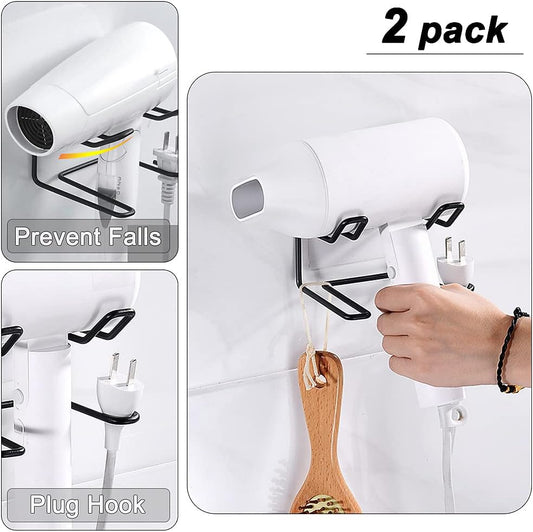 2 Pack Hair Dryer Holder, Wall Mount Self Adhesive Waterproof Blow Dryer Rack Storage Organizer Hanger, Compatible with Dyson and Most Hair Blower Appliance, Brush, Curling Iron, Straightener