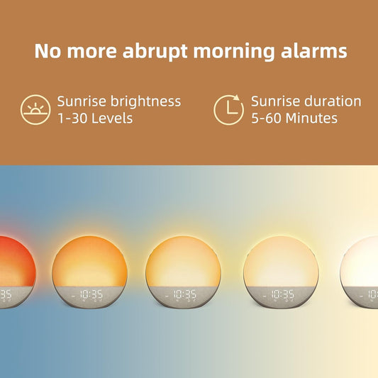 Odokee Sunrise Alarm Clock White Noise Machine: Natural Wake Up Light | Dimmable Clock with Bluetooth Speaker for Bedroom - 25 Sleep Sounds for Baby Adults Kids Frost White