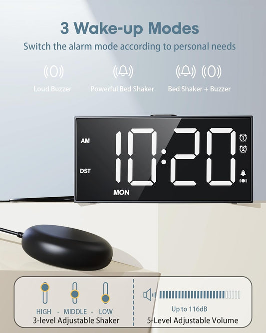 Vibrating Alarm Clock with Bed Shaker for Heavy Sleepers, 3-level Vibration