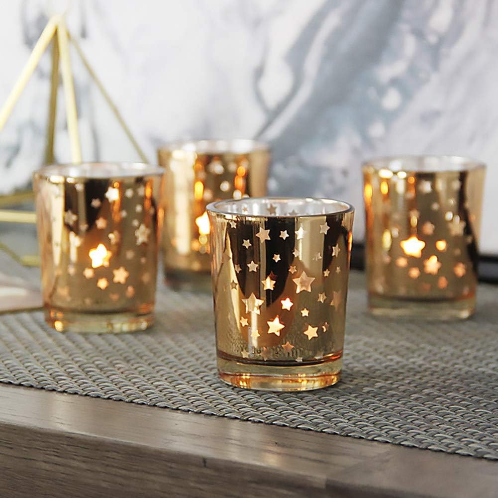 Gold Votive Candle Holder Set of 12, Mercury Bulk Glass Tealight Candle Stands, Perfect for Home, Parties, and Wedding Decor-Tea Light Candles not Included