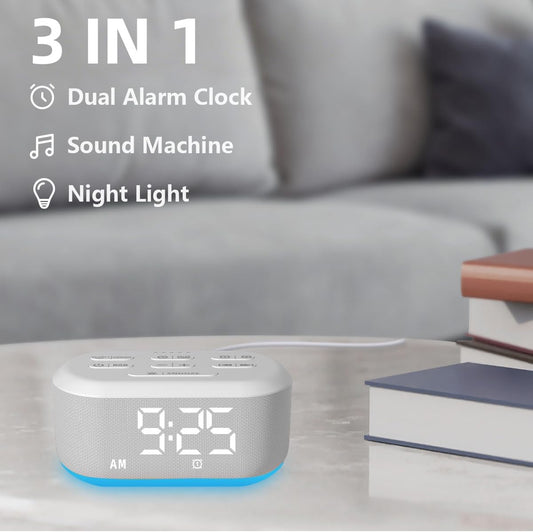 White Noise Alarm Clock Sound Machine for Bedroom Small Brown Noise Machine with 30 Soothing Sound Plug in Bedside Clock with NightLight Battery Backup 15 Wake up Sound Clock for Kids Heavy Sleeper