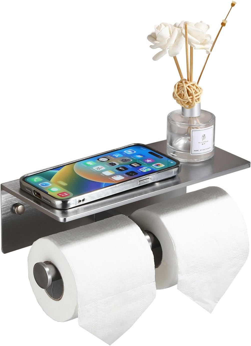 Toilet Paper Holder with Shelf, Adhesive or Screw Wall Mount Toilet Roll Holder for Bathroom, Rustproof Solid Aluminum Commercial Toilet Tissue Holder with Storage, Brushed Nickel