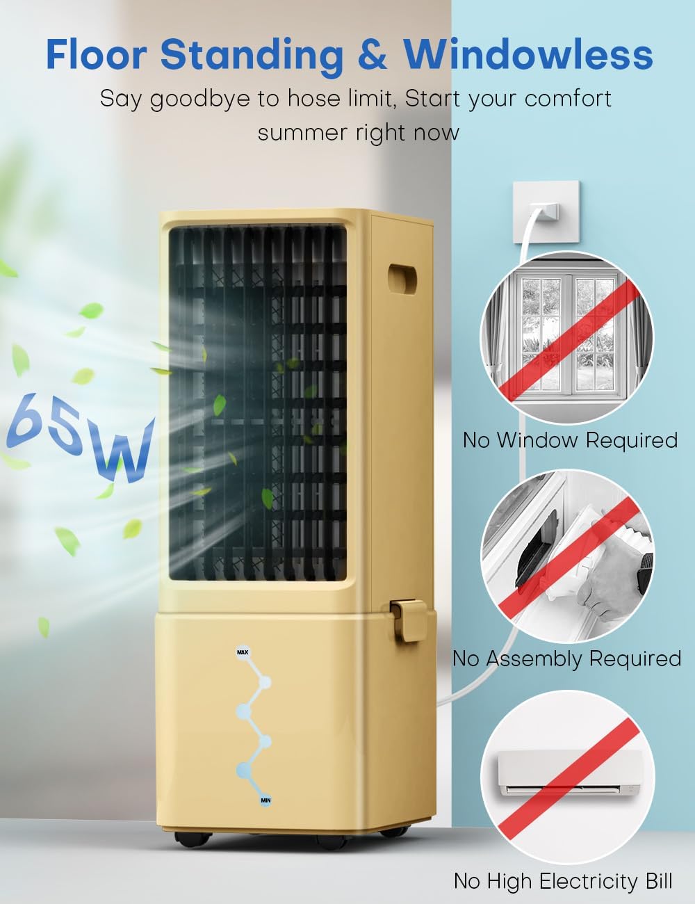 Windowless Air Conditioner w/4 Mode,3 Speed, Waterless Alert,2.4-Gal Tank for 24H Cooling, 12H Timer Swamp Cooler Air Conditioner, 20FT Remote,70° Auto Swing Evaporative Air Cooler for Bedroom