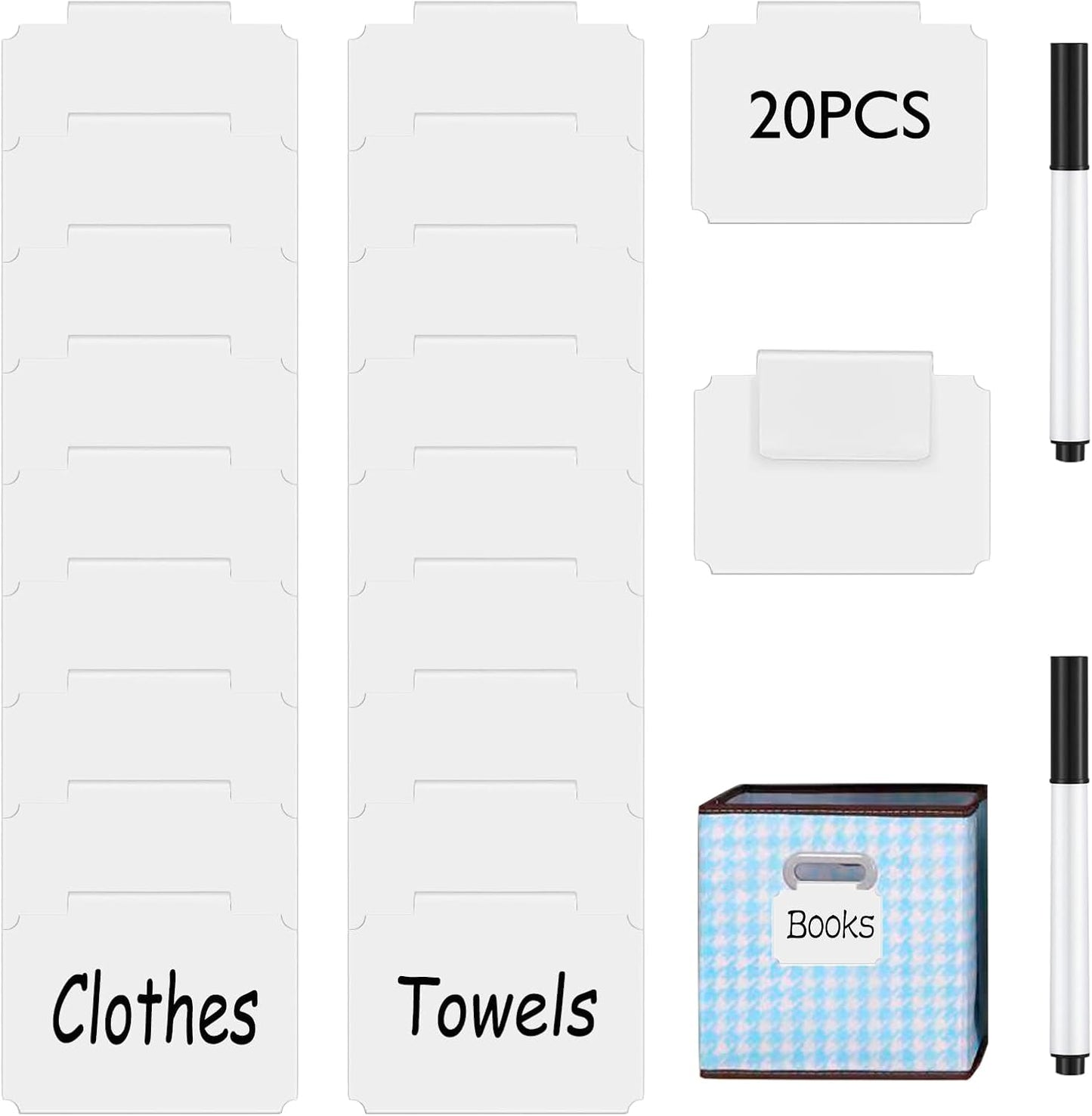20 Basket Labels Clip On, Reusable Labels for Storage Bins, Removable Chalk Labels for Containers, Kitchen Closet Baskets and Storage Basket Holders with 2 White Chalk Markers