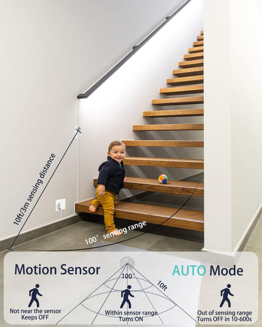 Motion Sensor Led Light Strip - with UL FCC Plug Adapter, Multi-Functional Controller, Dimmer, Timer, Under Cabinet Lights for Indoor Kitchen Stair Showcase Bedroom Corridor Counter 16.4ft Warm White.