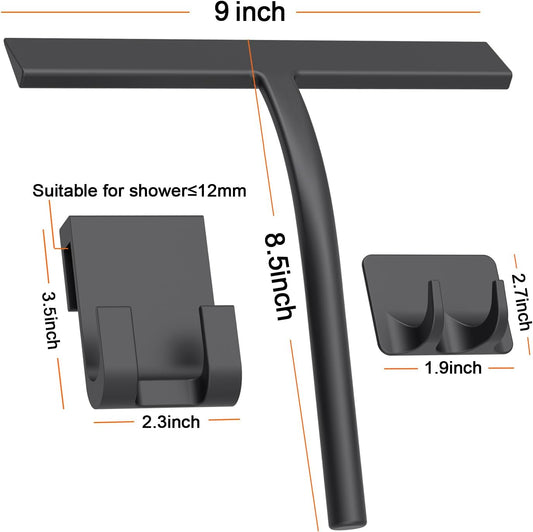 Silicone Shower Squeegee, Black, 9 inch | All-Purpose, For Shower Glass Door Window Mirror Tile Car Walls, 2 Hooks Included, Bathroom Accessories