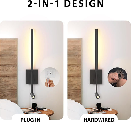 Modern Plug in Wall Sconce Indoor Ambient Lighting for Bedroom, Gold LED Wall Mounted Reading Lamp with Switch, Corded Minimalist Linear Wall Light with 5.9FT Clear Cord for Living Room Corner Hallway