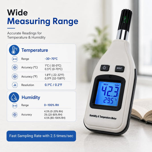 Handheld Digital Humidity & Temperature Meter 0~100% RH/ -30~70°C (-22~158°F) LCD Display Backlight Moisture Thermo Hygrometer Thermometer Small Tester Gauge for Home Kitchen Indoor Outdoor