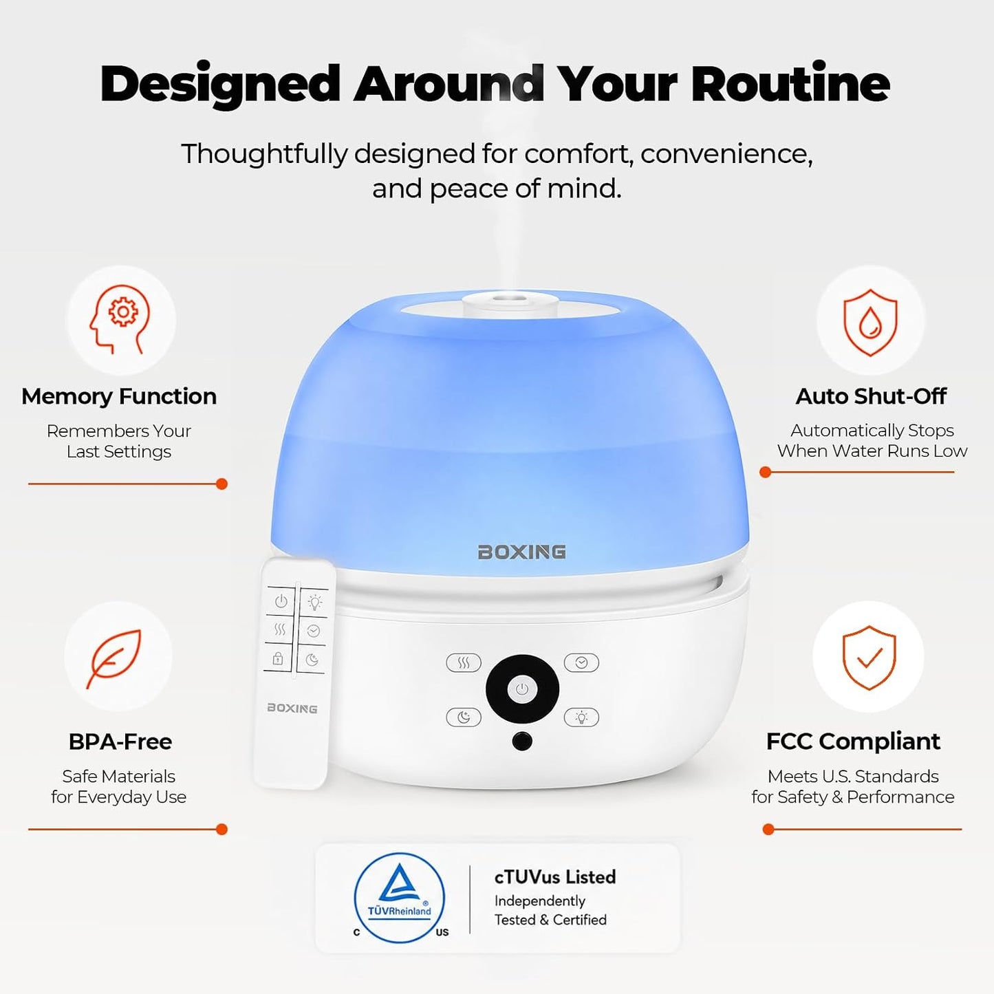 BOXING 3L Top Fill Humidifier for Bedroom, 20dB Whisper-Quiet Cool Mist with Easy Remote Control, 30H Runtime, Night Light, Essential Oil Tray, Timer for Baby, Plants and Home