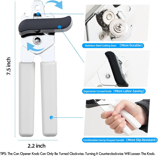 Can Opener Manual, Can Openers Hand Held with Comfort Anti-Slip Handles, Heavy Duty Stainless Steel Can Opener Smooth Edge and Bottle Openers, Easy Turn Can Openers for Seniors, Kitchen, White