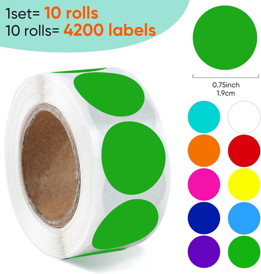 4200 PCS 3/4" Colored Dot Stickers, 10 Color Round Color Coding Labels, Circle Sticker Labels Sticky Dots Stickers for Toddlers, Organization in Office, Classroom, Home Teaching Events, Garage Sales