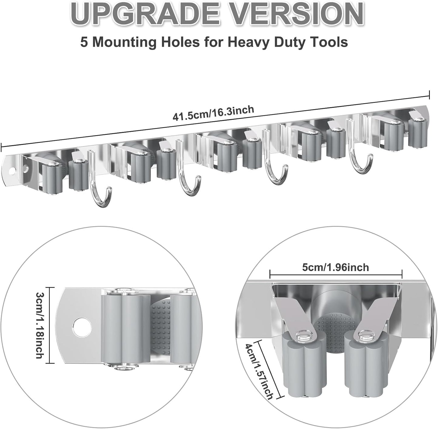 HANZENMA Broom Holder Wall Mount, Broom Organizer Wall Mount Stainless Steel Broom and Mop Hanger Heavy Duty Storage Organization for Home Kitchen Garden Garage Room 5 Racks 4 Hooks