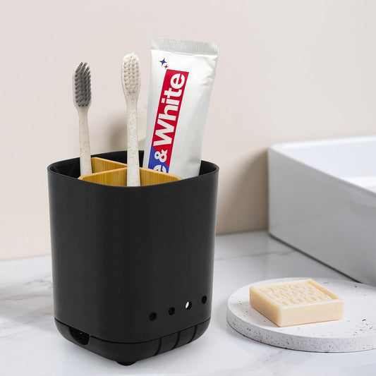 Toothbrush Holder with Bamboo Divider,Detachable for Easy Cleaning Bathroom Countertop Organizer,Plastic 3 Slots Electric Toothbrush and Toothpaste Holders Storage Caddy for Bathroom Vanity,Sink(Grey)