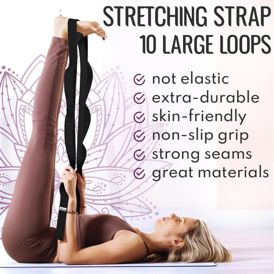 Stretching Strap with 10 Loops for Physical Therapy & Rehab | Non-Elastic Yoga Stretch Band for Hamstring, Leg, Hip & Knee Rehab, Pilates, Flexibility & Mobility Exercises for Men & Women